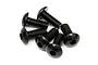 A small pile of black metal button head hex screws against a white background.