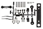 A black plastic parts tree containing various scale RC body accessories for the Element RC Trailwalker, including mirrors, wipers, and mounting hardware.