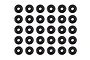 Thirty small black rubber grommets arranged in a grid pattern against a white background.