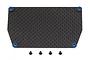 A rectangular Factory Team carbon fibre ESC weight plate with four blue anodized mounting inserts and four small black screws.