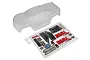 A clear, unpainted Team Associated MT10 RC truck body shell with a decal sheet and four body clips on a white background.