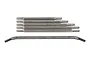 A set of metal RC suspension links including five straight threaded rods and one bent steering link on a white background.