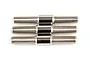 Three silver-coloured metal turnbuckles with threaded ends arranged horizontally against a white background.