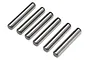 Six identical silver metal drive pins arranged in a diagonal row on a white background.