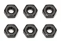 A top-down view of six identical black steel hex nuts arranged in two rows of three against a plain white background.