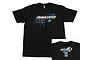 A black Team Associated t-shirt featuring a blue and white graphic on the front and a smaller World Champions graphic on the back.