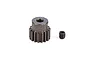 A Factory Team 17T pinion gear made of dark grey aluminium, shown next to a small black grub screw against a white background.