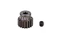 A dark grey 18-tooth aluminium pinion gear with a matching grub screw on a white background.