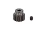 A Factory Team 19T pinion gear made of dark grey aluminium, shown with its accompanying grub screw on a white background.
