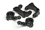 A set of four black plastic RC car suspension parts, including two front uprights and two steering knuckles, isolated on a white background.