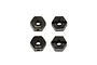 Four black steel 12mm wheel hexes for RC cars, shown from top and bottom angles, with 6mm engraved on the face.
