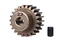 A 22-tooth metal pinion gear with a small black grub screw next to it on a white background.