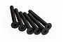 A set of six black metal countersunk head screws with hex drive sockets, arranged in a row against a white background.