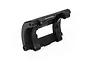 A black plastic Traxxas heavy duty wheelie bar mount shown from a three-quarter angle against a white background.
