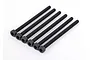 A set of six black metal cap head screws with hexagonal sockets arranged in a row against a white background.