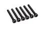 A set of six black metal cap head screws with hex sockets, arranged in a row on a white background.