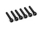 A set of six black metal cap head screws with hex sockets, arranged in a row against a white background.
