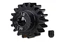 A black 18-tooth 1-module steel pinion gear for RC cars, shown with a small grub screw on a white background.