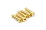 Five gold-plated bullet connectors arranged in a staggered row on a white background.