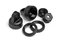 A set of black plastic RC shock caps and threaded preload collars for HPI Firestorm and Blitz vehicles.
