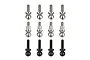 A set of 12 RC car pivot ball studs arranged in three rows of four, featuring silver and black metal finishes with threaded shafts.