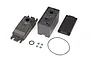Traxxas servo case parts including main housing, cover, and various rubber O-ring gaskets on a white background.