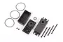 Traxxas servo case replacement parts including plastic housing sections, O-rings, and mounting screws on a white background.