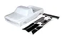 Traxxas 1/10 scale Chevrolet C10 white painted RC truck body shell with included black rear wing and decal sheet on a white background.