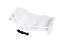 A white Traxxas rear wing for an RC car, shown with a small black mounting bracket on a white background.