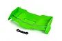 A bright green Traxxas RC rear wing with a small black mounting bracket, isolated on a white background.