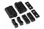A set of black plastic servo mount components for HPI Firestorm and Blitz RC vehicles, arranged on a white background.