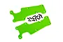 Two bright green Traxxas front suspension arm covers with a set of black mounting screws on a white background.