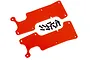 Two red plastic RC rear suspension arm covers with a set of small black mounting screws on a white background.