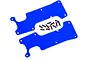 Two blue Traxxas rear suspension arm covers with a set of small black mounting screws on a white background.