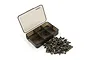 A Yeah Racing titanium screw kit for Kyosho Optima MID featuring a pile of metal screws next to an open, empty, six-compartment plastic storage box.