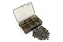 A Yeah Racing titanium screw kit for Tamiya CC-02, featuring a translucent grey plastic storage box with six compartments and a pile of metal screws.