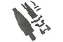 A set of carbon fibre chassis upgrade parts for an RC car, including a main chassis plate, top deck, and various shock towers and mounting brackets.