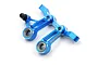 Yeah Racing blue anodized aluminium steering bellcrank assembly for Tamiya XV-02, featuring integrated ball bearings and laser-etched branding.
