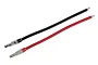 Two electrical wires, one red and one black, each with a pre-soldered bullet connector on one end and exposed tinned wire on the other.