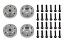 Four silver aluminium beadlock hex adapters and twenty-four black screws arranged on a white background.