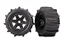 Two Traxxas 3.8 inch paddle tyres pre-glued onto black six-spoke RC wheels, shown from front and side angles.