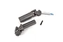 Traxxas heavy duty driveshaft components including two shaft halves and a small grub screw on a white background.