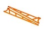 Two orange anodized aluminium wheelie bar sideplates for Traxxas RC vehicles, featuring the Traxxas logo and multiple mounting holes.
