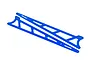 Two blue anodized aluminium wheelie bar sideplates for Traxxas RC vehicles, featuring cut-out designs and the Traxxas logo.