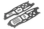 Two grey aluminium RC chassis side plates with a set of black mounting screws arranged on a white background.