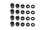 A set of 20 black cylindrical spacers arranged in a 4x5 grid against a white background.