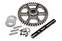 HPI Savage 44T steel idler gear set including a large gear, metal shaft, washers, pins, and e-clips on a white background.