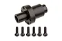 A black metal ring gear spool for an RC car drivetrain, accompanied by six small black hex-head screws, isolated on a white background.