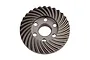 A grey machined metal differential ring gear for an RC vehicle, featuring spiral-cut teeth and a central mounting hole with five smaller bolt holes.