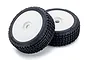 Two Kyosho 1/8 scale K-Blox RC car tyres pre-mounted on white dish rims, viewed from an angle against a white background.
